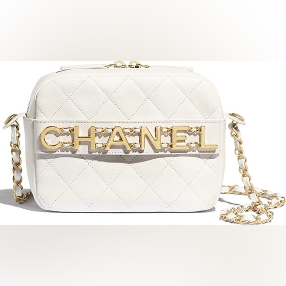 Authentic Chanel Quilted White Crossbody with Gold Chain Camera Bag